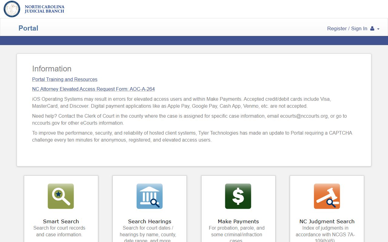 North Carolina eCourts Portal home page
