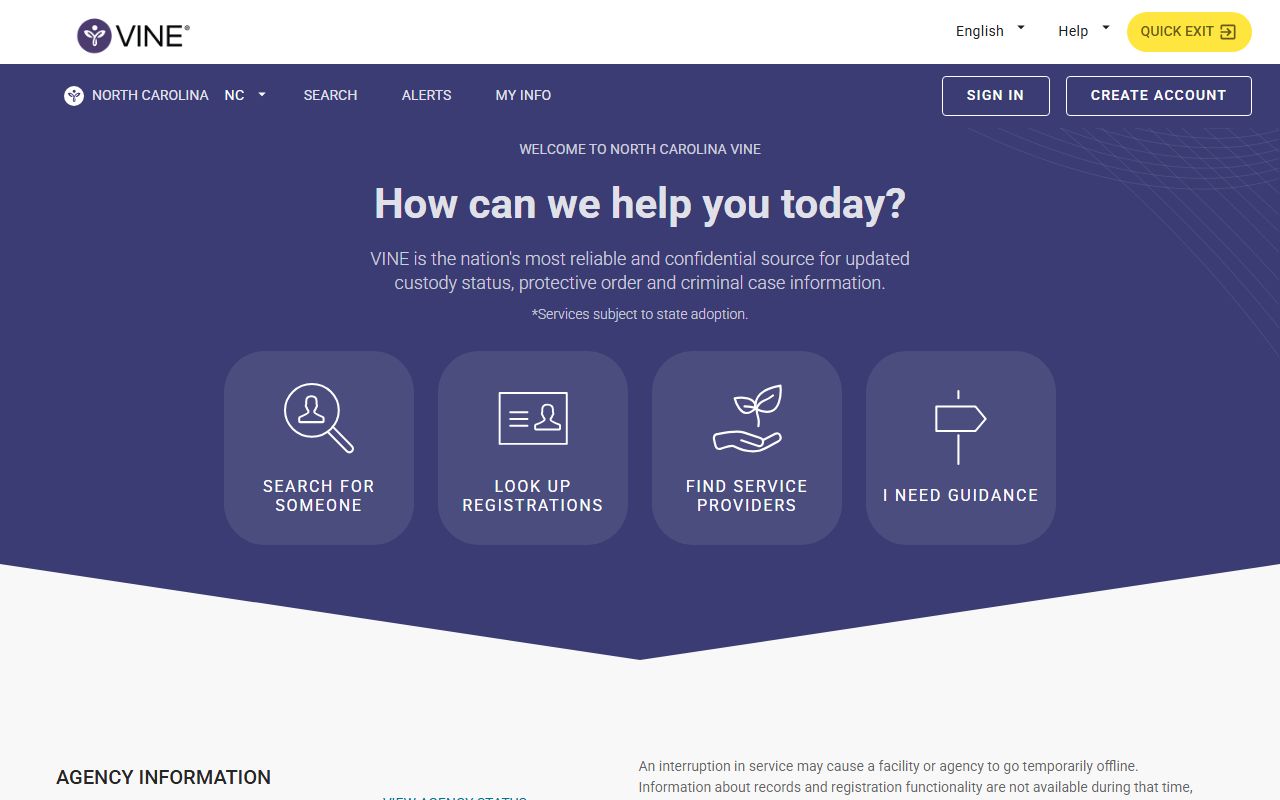 North Carolina VINE custody notification landing page